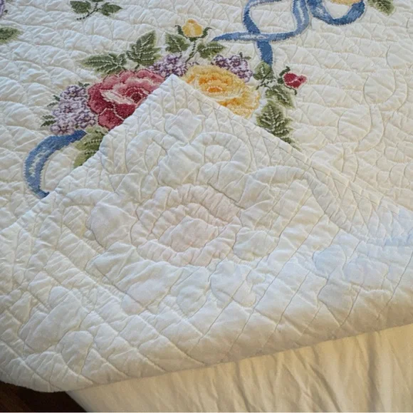 Vintage Quilt Embroidered Handsewn Cross Stitch Bedspread Flowers Ribbons 84x84” - Picture 5 of 13